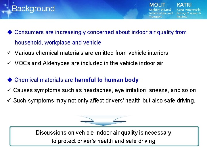 Background MOLIT Ministry of Land, Infrastructure and Transport KATRI Korea Automobile testing & research