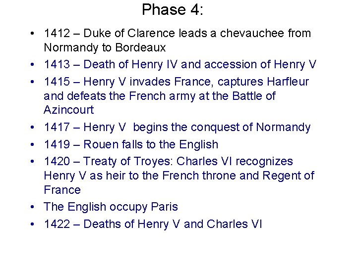 Phase 4: • 1412 – Duke of Clarence leads a chevauchee from Normandy to