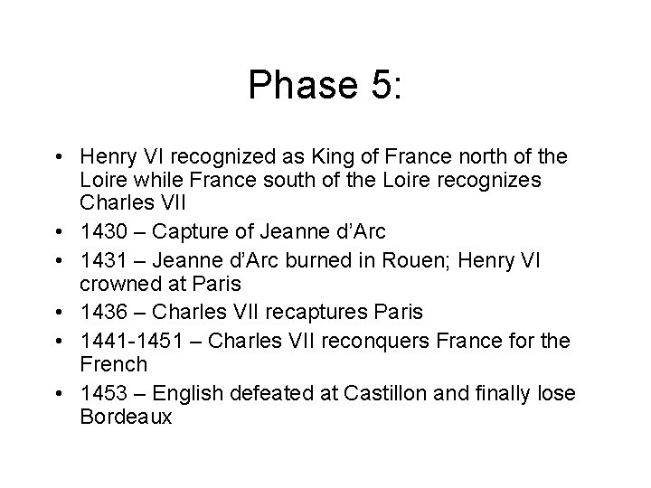 Phase 5: • Henry VI recognized as King of France north of the Loire