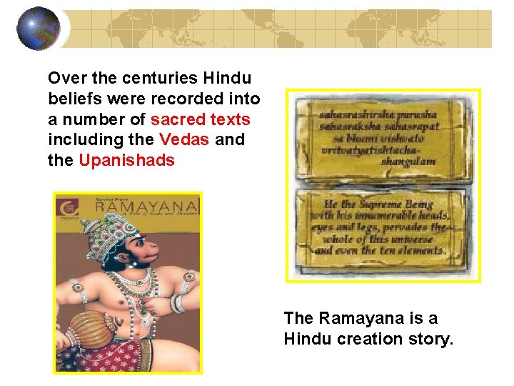 Over the centuries Hindu beliefs were recorded into a number of sacred texts including