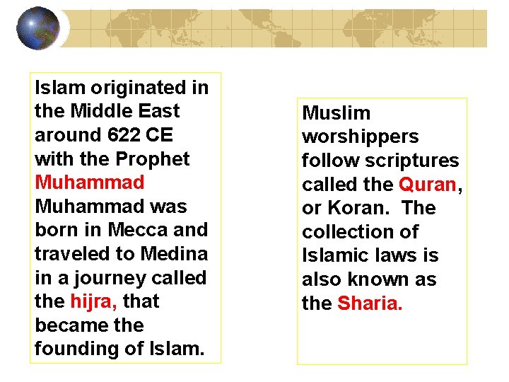 Islam originated in the Middle East around 622 CE with the Prophet, Muhammad was