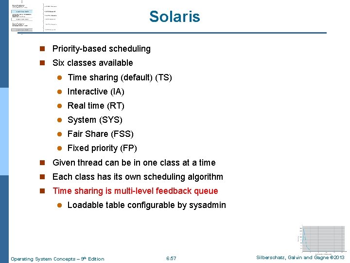 Solaris n Priority-based scheduling n Six classes available l Time sharing (default) (TS) l