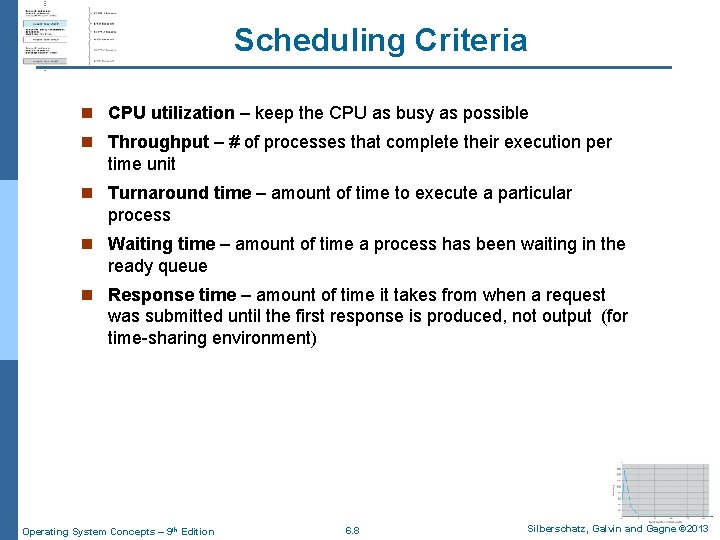 Scheduling Criteria n CPU utilization – keep the CPU as busy as possible n