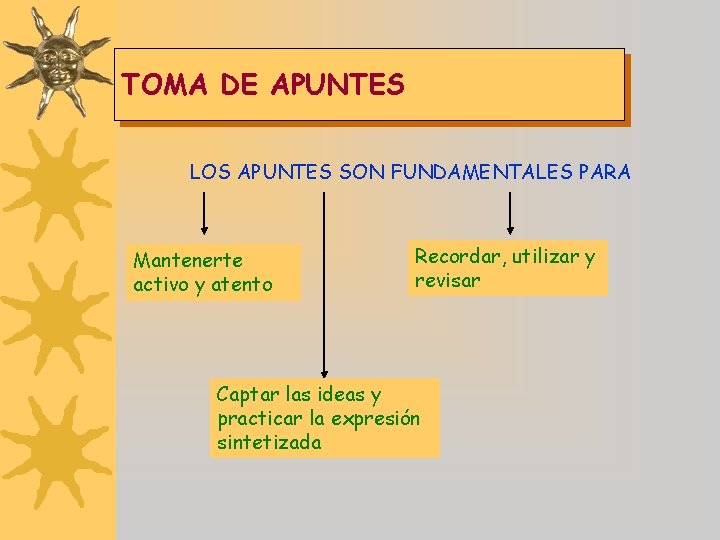 TOMA DE APUNTES LOS APUNTES SON FUNDAMENTALES PARA Mantenerte activo y atento Recordar, utilizar