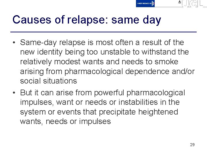 Causes of relapse: same day • Same-day relapse is most often a result of