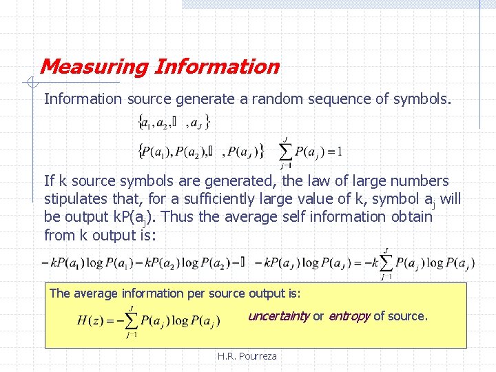 Measuring Information source generate a random sequence of symbols. If k source symbols are