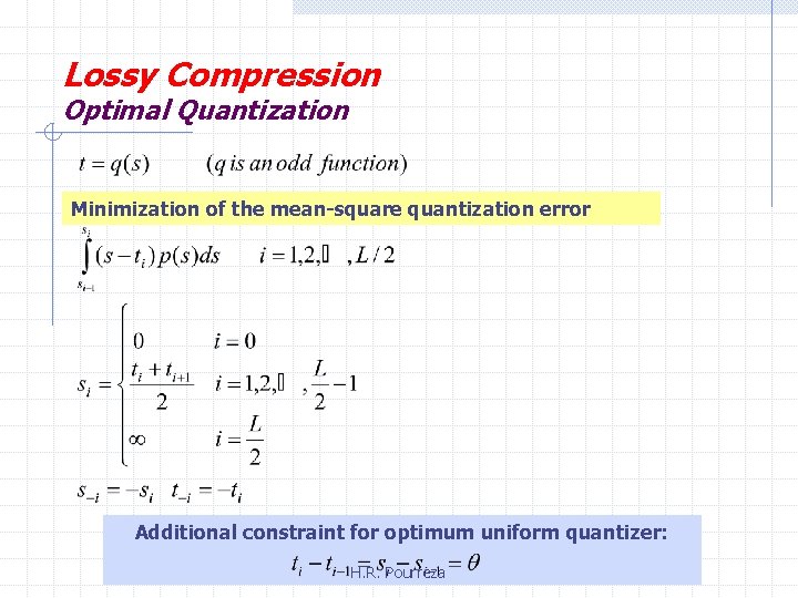 Lossy Compression Optimal Quantization Minimization of the mean-square quantization error Additional constraint for optimum