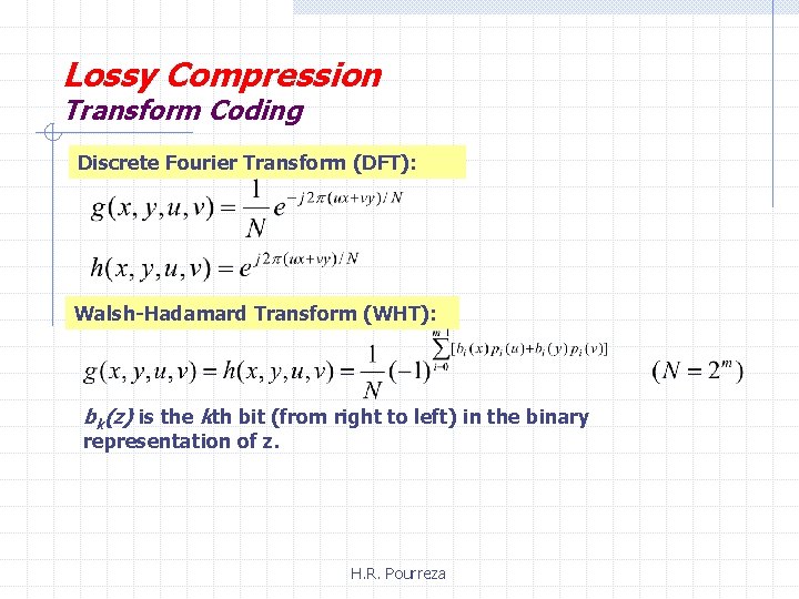 Lossy Compression Transform Coding Discrete Fourier Transform (DFT): Walsh-Hadamard Transform (WHT): bk(z) is the