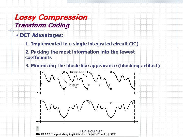 Lossy Compression Transform Coding • DCT Advantages: 1. Implemented in a single integrated circuit