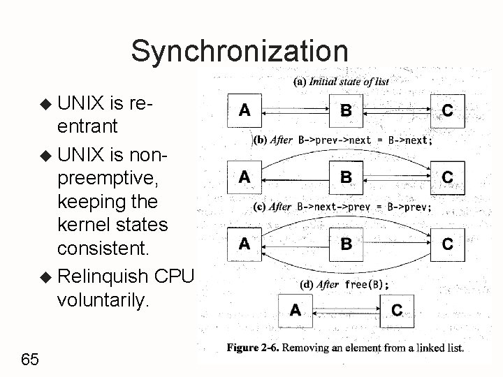 Synchronization u UNIX is reentrant u UNIX is nonpreemptive, keeping the kernel states consistent.