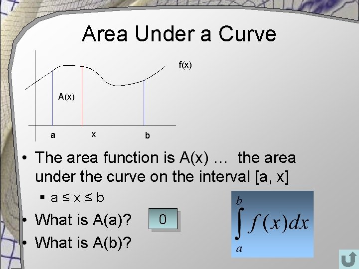 Area Under a Curve f(x) A(x) a x b • The area function is