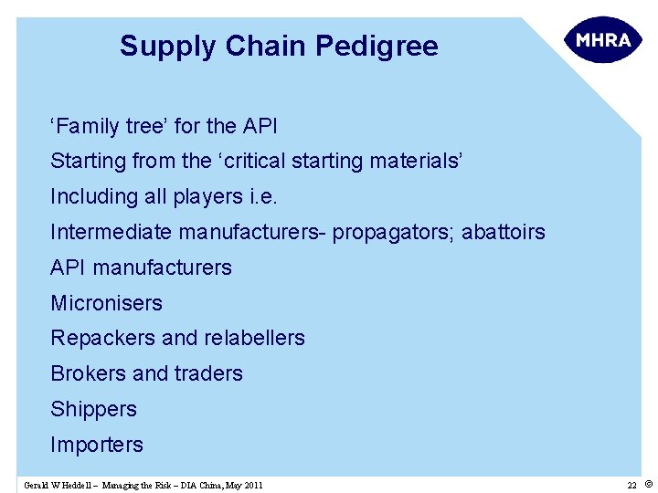 Supply Chain Pedigree ‘Family tree’ for the API Starting from the ‘critical starting materials’
