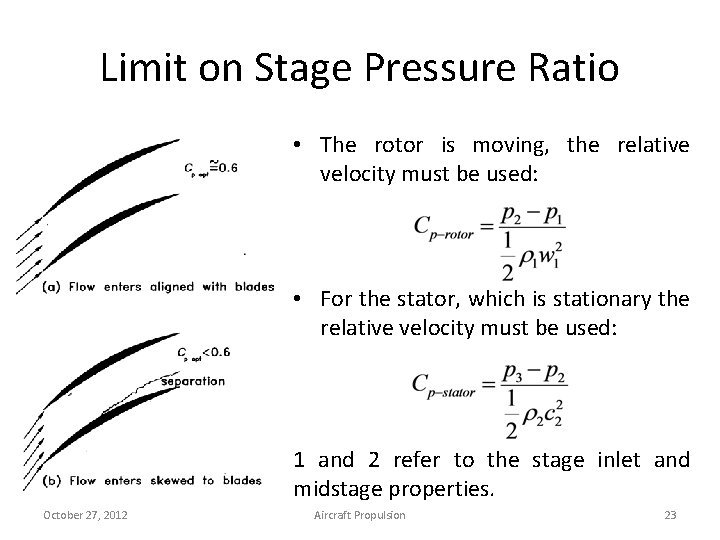 Limit on Stage Pressure Ratio • The rotor is moving, the relative velocity must