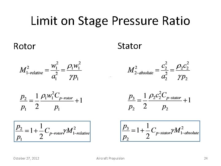 Limit on Stage Pressure Ratio Rotor October 27, 2012 Stator Aircraft Propulsion 24 