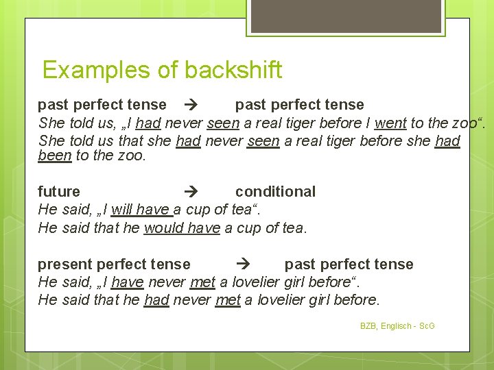 Examples of backshift past perfect tense She told us, „I had never seen a