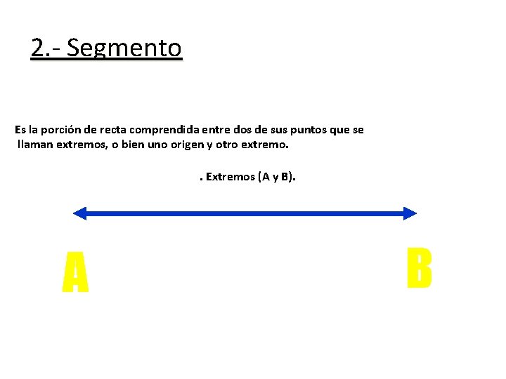 2. - Segmento Es la porción de recta comprendida entre dos de sus puntos 2. - Segmento Es la porción de recta comprendida entre dos de sus puntos
