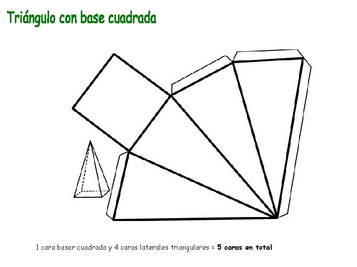 1 cara basar cuadrada y 4 caras laterales triangulares = 5 caras en total 1 cara basar cuadrada y 4 caras laterales triangulares = 5 caras en total