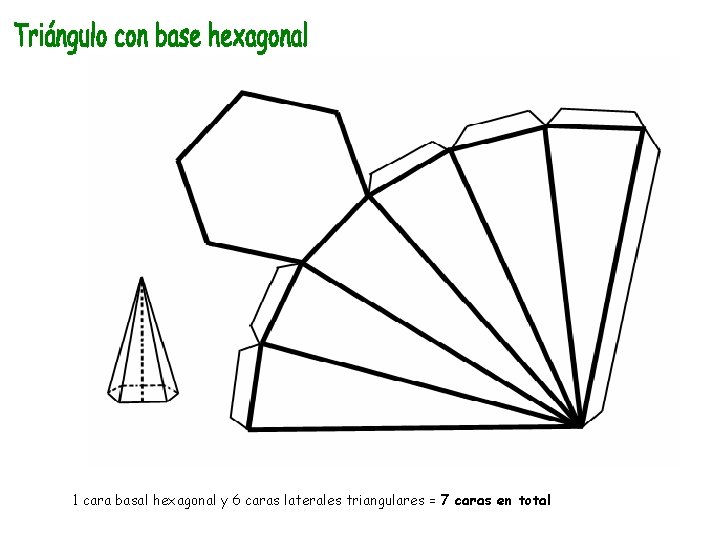 1 cara basal hexagonal y 6 caras laterales triangulares = 7 caras en total 1 cara basal hexagonal y 6 caras laterales triangulares = 7 caras en total