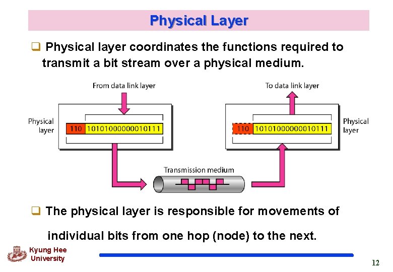 Physical Layer q Physical layer coordinates the functions required to transmit a bit stream