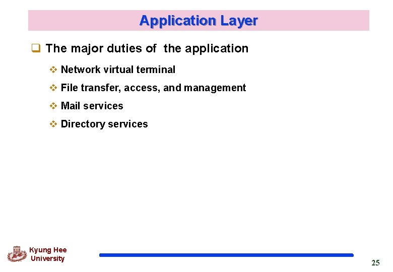 Application Layer q The major duties of the application v Network virtual terminal v