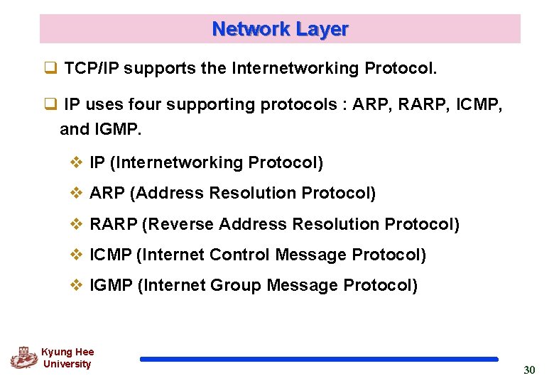 Network Layer q TCP/IP supports the Internetworking Protocol. q IP uses four supporting protocols