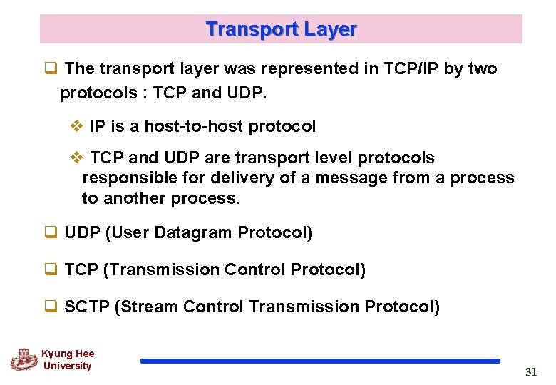 Transport Layer q The transport layer was represented in TCP/IP by two protocols :