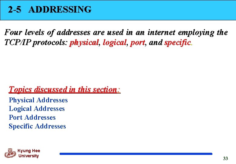 2 -5 ADDRESSING Four levels of addresses are used in an internet employing the