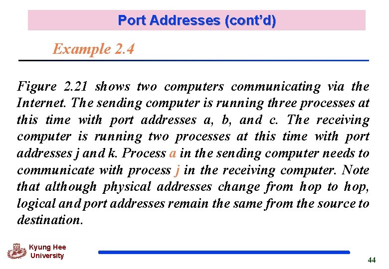 Port Addresses (cont’d) Example 2. 4 Figure 2. 21 shows two computers communicating via
