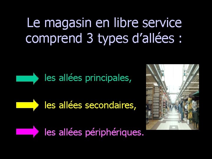 Le magasin en libre service comprend 3 types d’allées : les allées principales, les