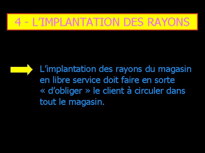 4 - L’IMPLANTATION DES RAYONS L’implantation des rayons du magasin en libre service doit