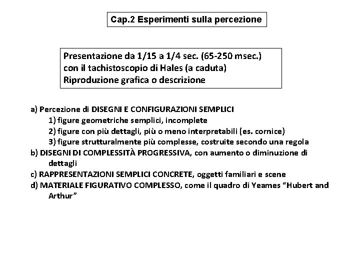 Cap. 2 Esperimenti sulla percezione Presentazione da 1/15 a 1/4 sec. (65 -250 msec.