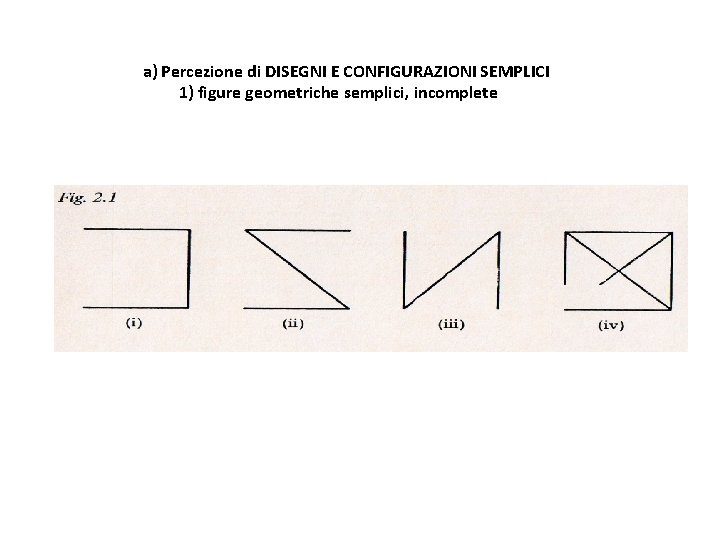 a) Percezione di DISEGNI E CONFIGURAZIONI SEMPLICI 1) figure geometriche semplici, incomplete 