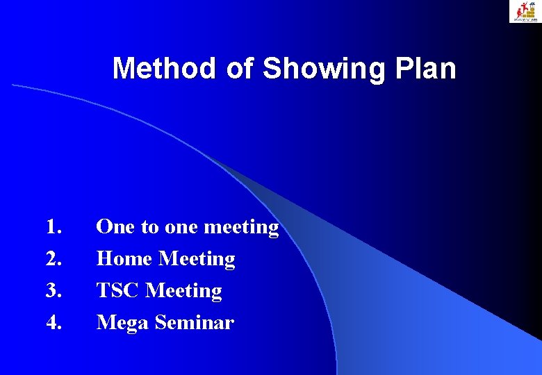 Method of Showing Plan 1. 2. 3. 4. One to one meeting Home Meeting