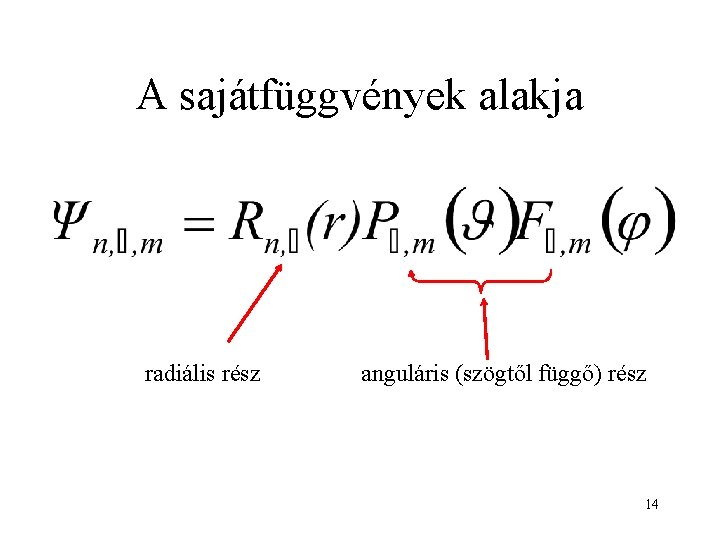 A sajátfüggvények alakja radiális rész anguláris (szögtől függő) rész 14 