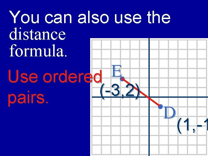 You can also use the distance formula. E Use ordered (-3, 2) pairs. D