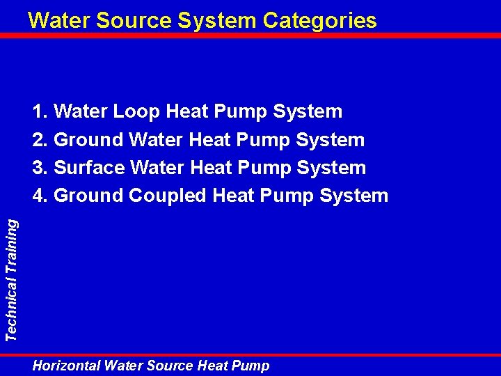 Water Source System Categories Technical Training 1. Water Loop Heat Pump System 2. Ground Water Source System Categories Technical Training 1. Water Loop Heat Pump System 2. Ground