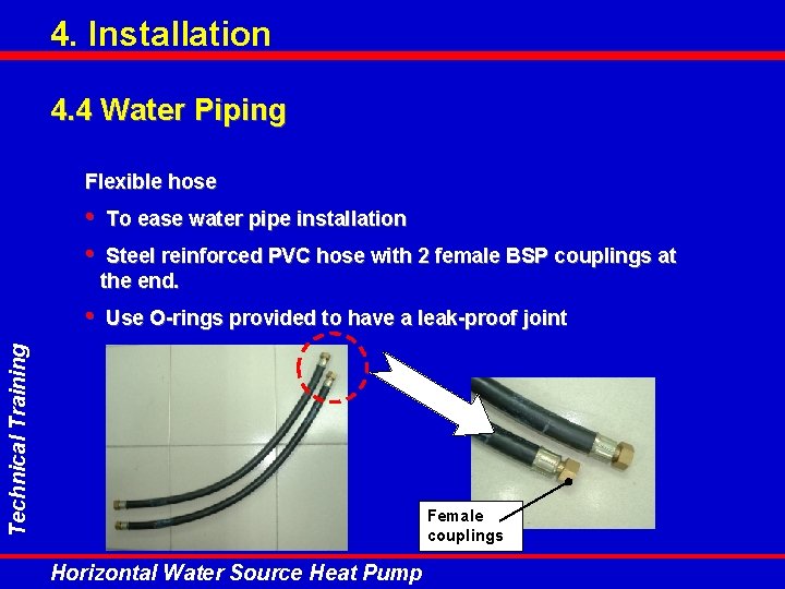 4. Installation 4. 4 Water Piping Flexible hose • • Steel reinforced PVC hose 4. Installation 4. 4 Water Piping Flexible hose • • Steel reinforced PVC hose
