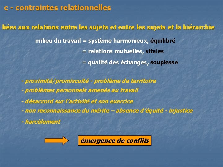 c - contraintes relationnelles liées aux relations entre les sujets et la hiérarchie milieu