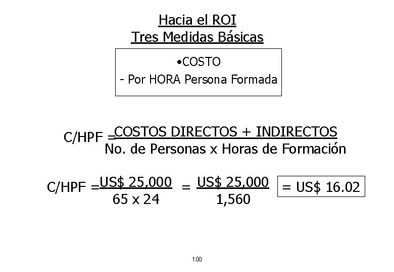 Hacia el ROI Tres Medidas Básicas • COSTO - Por HORA Persona Formada C/HPF