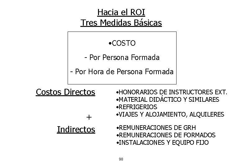 Hacia el ROI Tres Medidas Básicas • COSTO - Por Persona Formada - Por