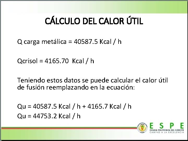 CÁLCULO DEL CALOR ÚTIL Q carga metálica = 40587. 5 Kcal / h Qcrisol