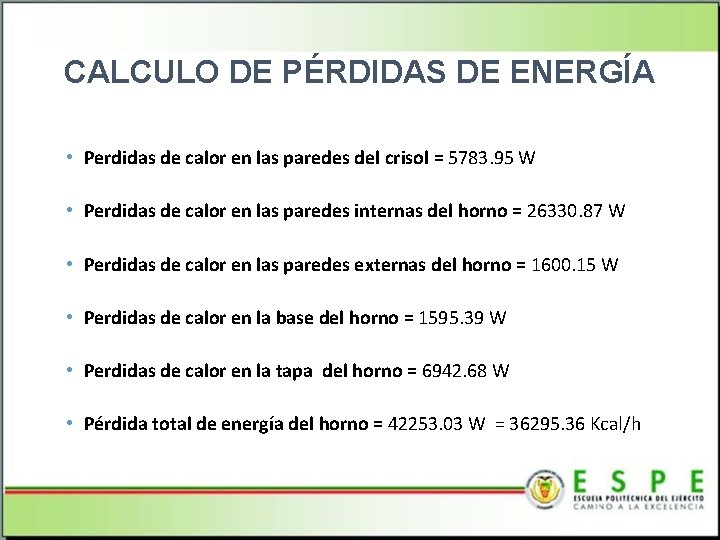 CALCULO DE PÉRDIDAS DE ENERGÍA • Perdidas de calor en las paredes del crisol