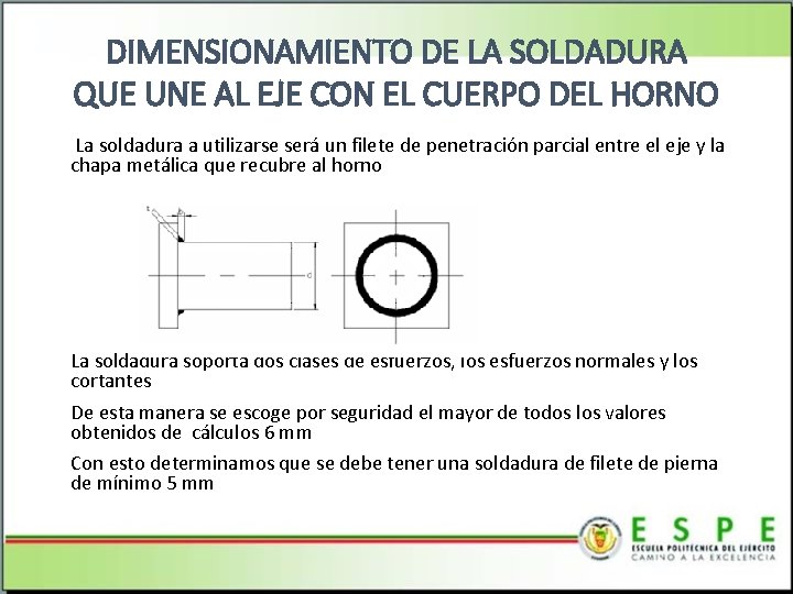DIMENSIONAMIENTO DE LA SOLDADURA QUE UNE AL EJE CON EL CUERPO DEL HORNO La