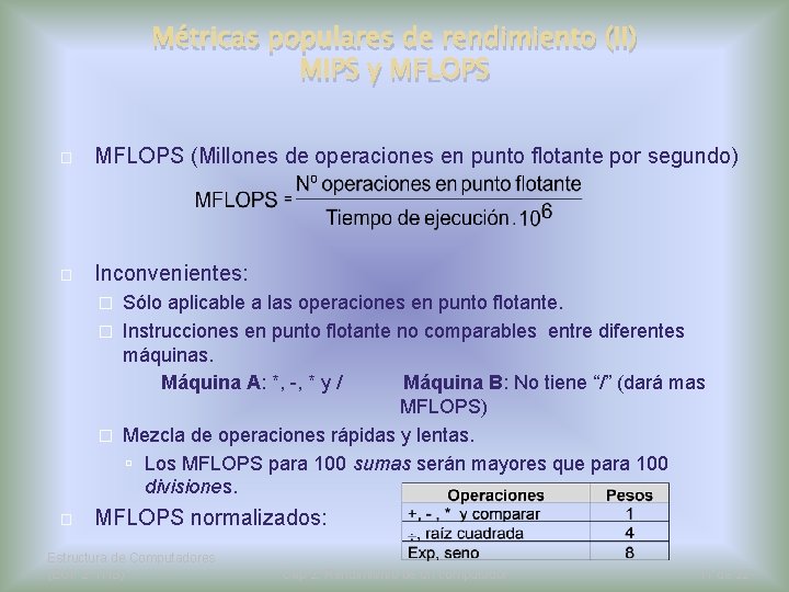 Métricas populares de rendimiento (II) MIPS y MFLOPS � MFLOPS (Millones de operaciones en