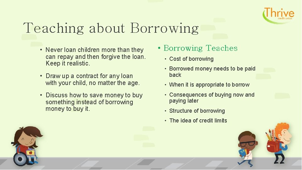 Teaching about Borrowing • Never loan children more than they can repay and then