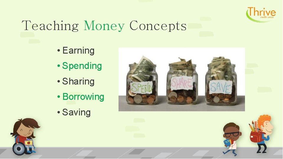 Teaching Money Concepts • Earning • Spending • Sharing • Borrowing • Saving 