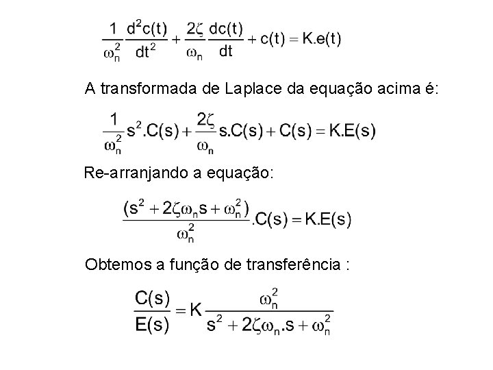 A transformada de Laplace da equação acima é: Re-arranjando a equação: Obtemos a função