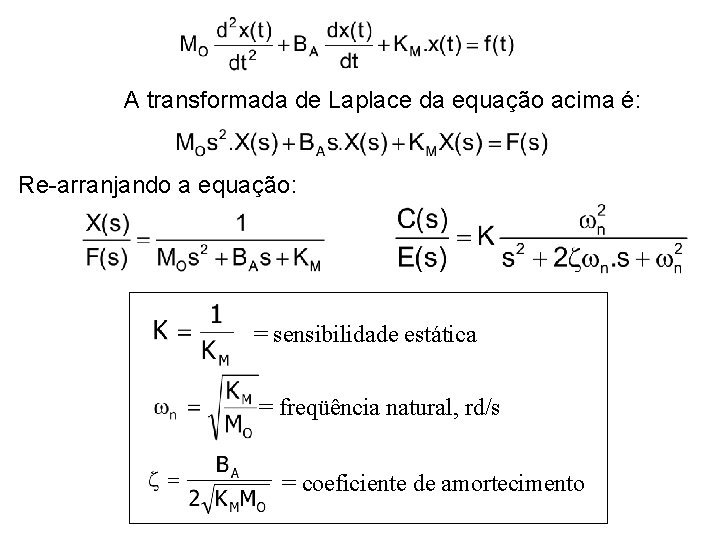 A transformada de Laplace da equação acima é: Re-arranjando a equação: = sensibilidade estática