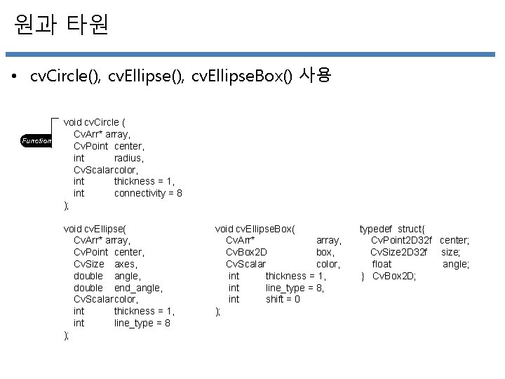 원과 타원 • cv. Circle(), cv. Ellipse. Box() 사용 Function void cv. Circle (