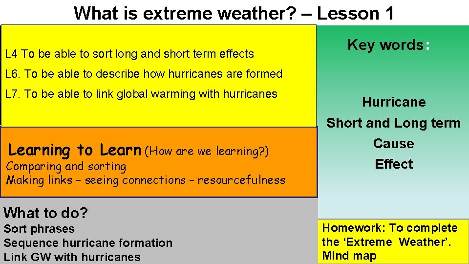 What is extreme weather? – Lesson 1 Levelled Objectives (What are we learning? )